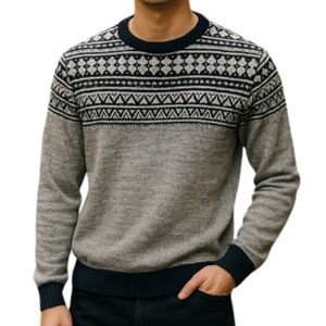 RORIE WHELAN Fair Isle Navy Blue Nordic Pattern Knit Sweater Coastal Grandpa L